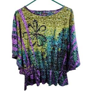 Multiples Womens Wearable Art Top Petite Small Green Purple Floral Embellished